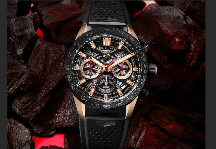 The sturdy replica watches are made from stainless steel,, carbon fiber and 18k rose gold.