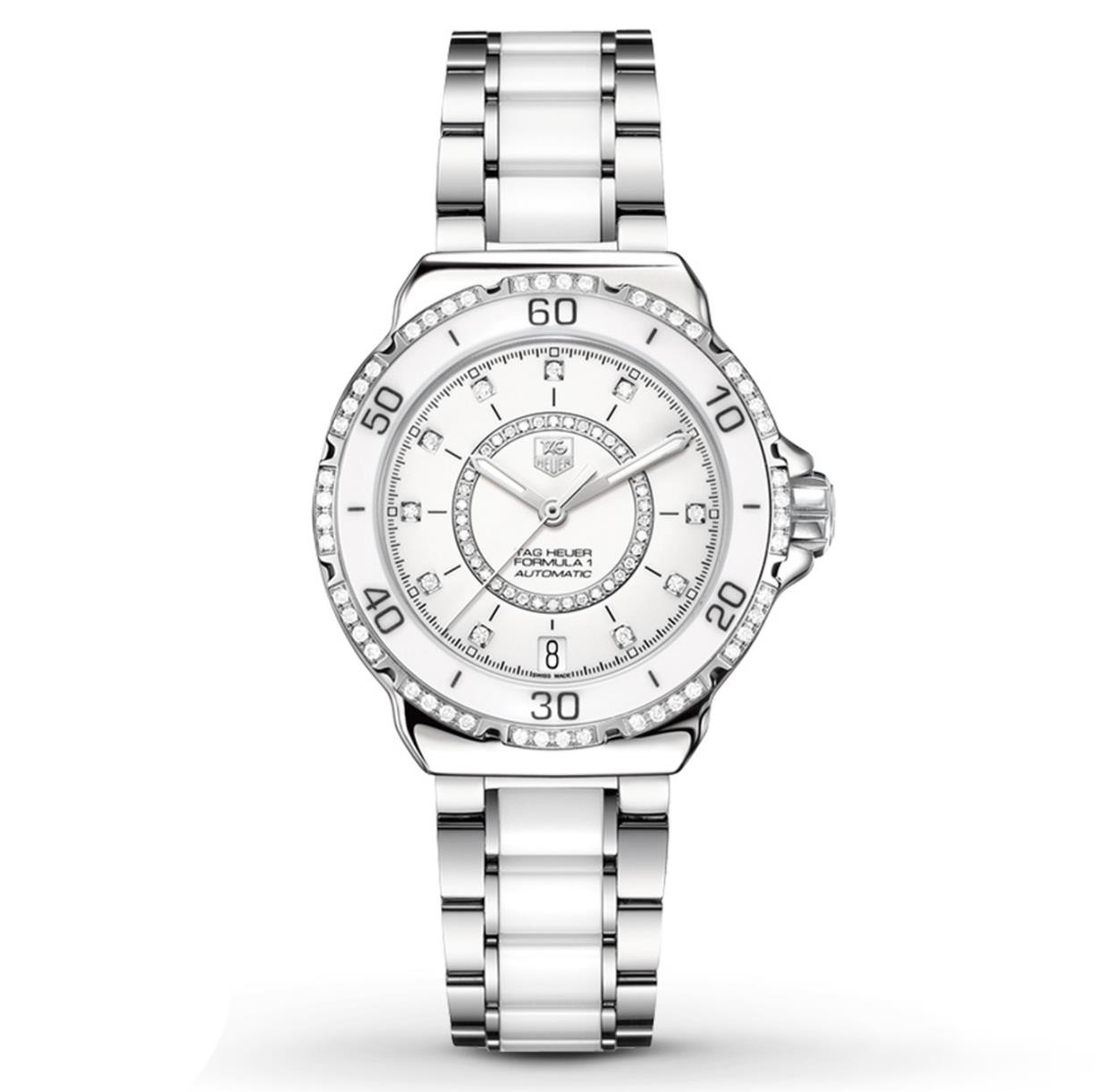 The 37mm fake watch is decorated with diamonds.